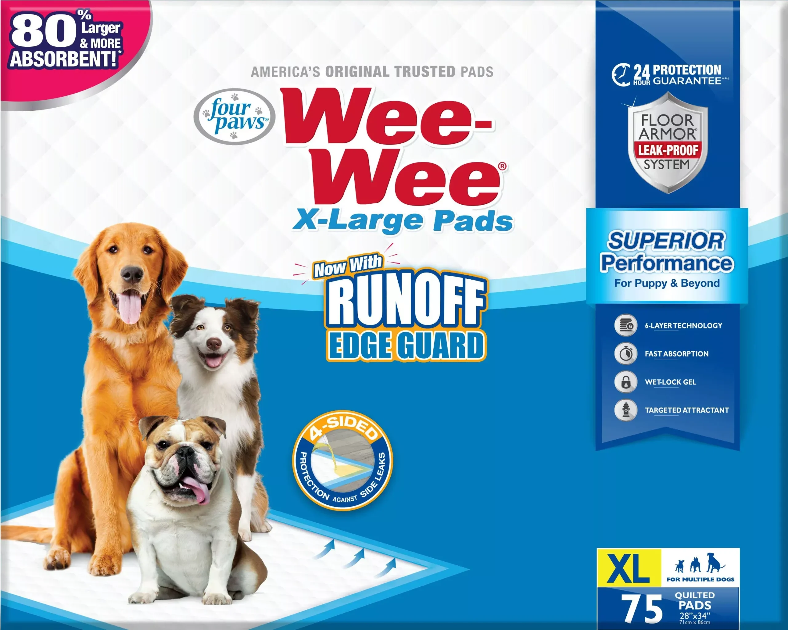 Four Paws Wee-Wee Pads with Barrier Edge Extra Large 28 x 34 in, 75 Pack