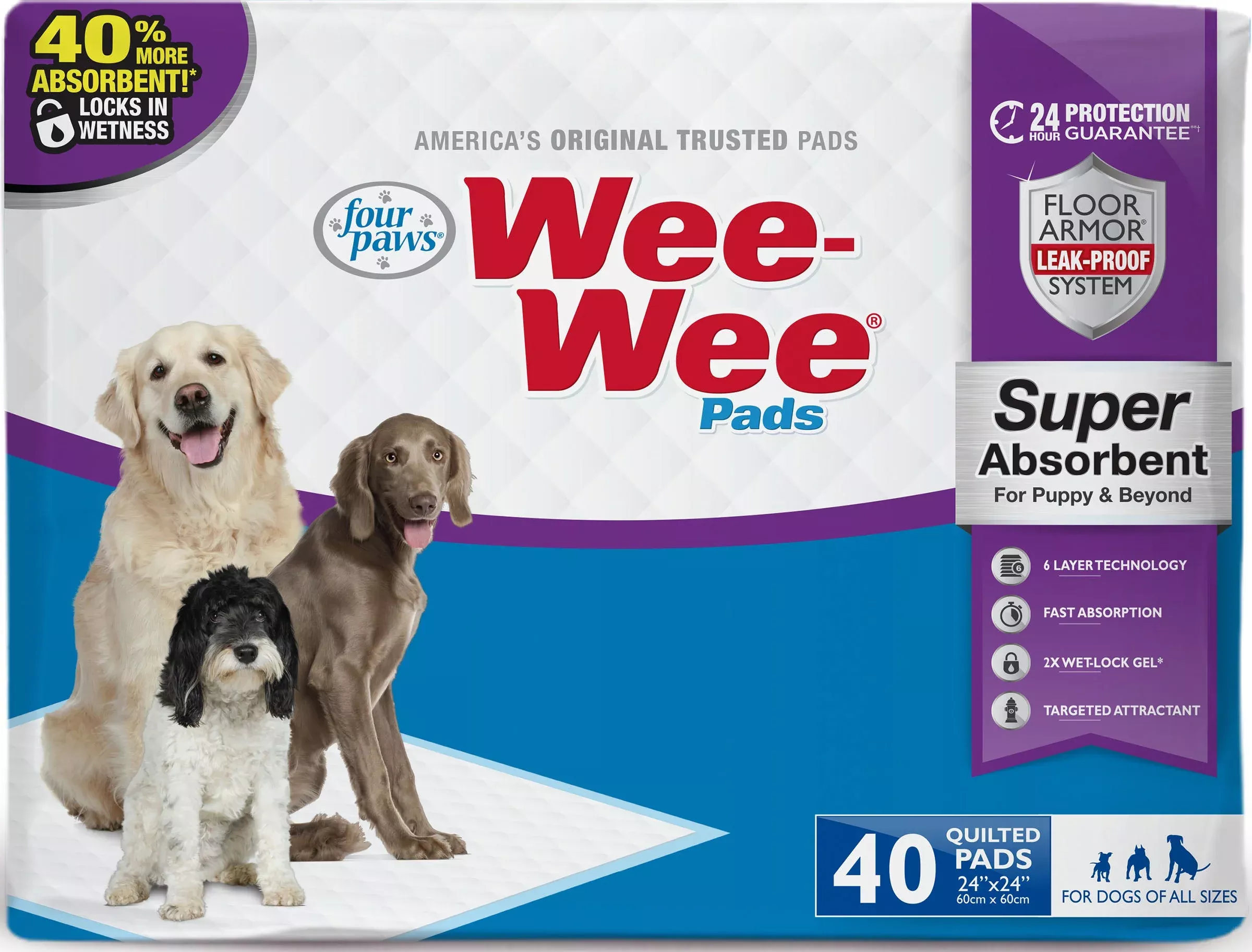 Four Paws Wee-Wee Super Absorbent Pads, 24 x 24 in (40 Pack)