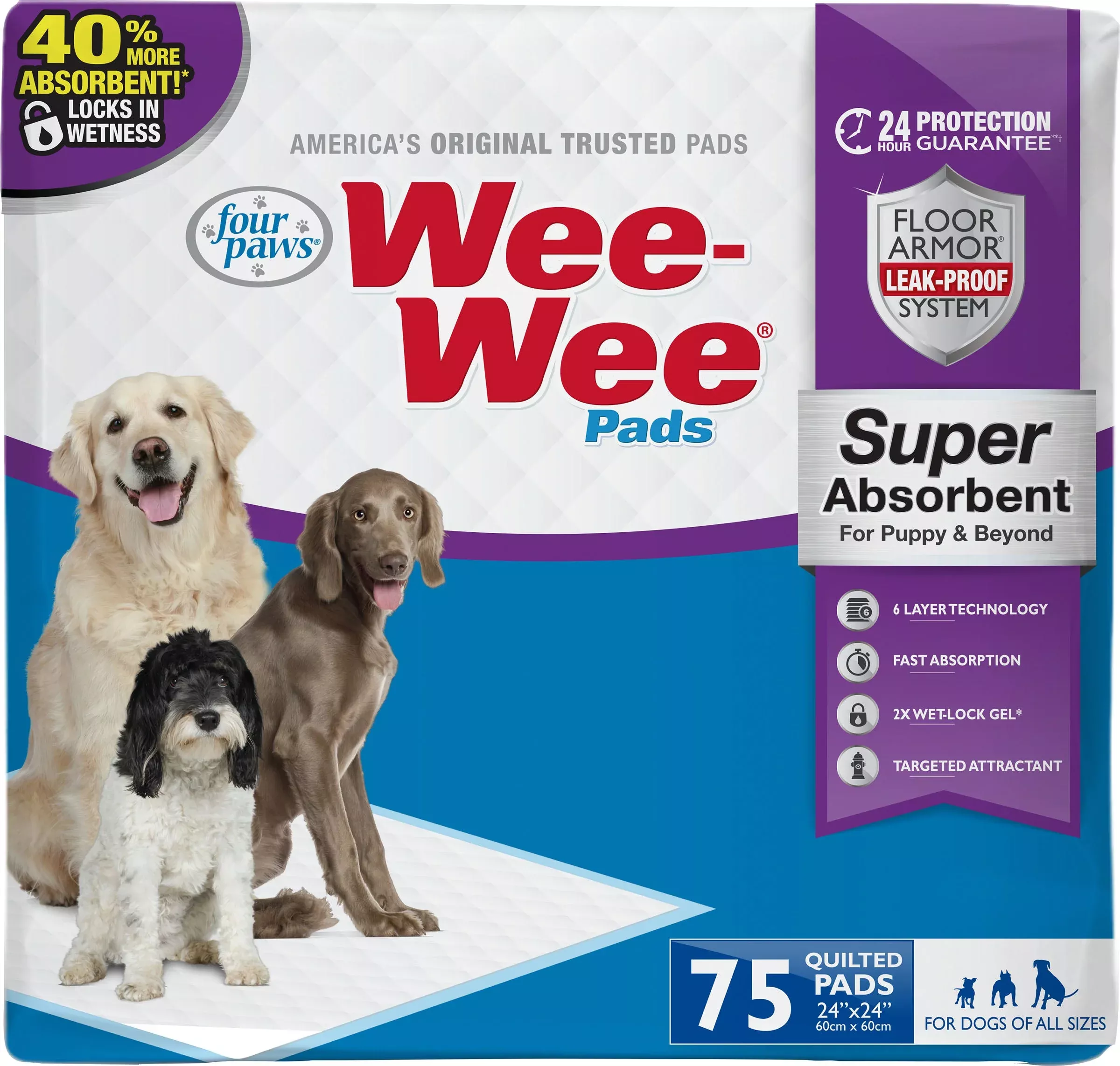Four Paws Wee-Wee Super Absorbent Pads 24x24 in, 75 Pack