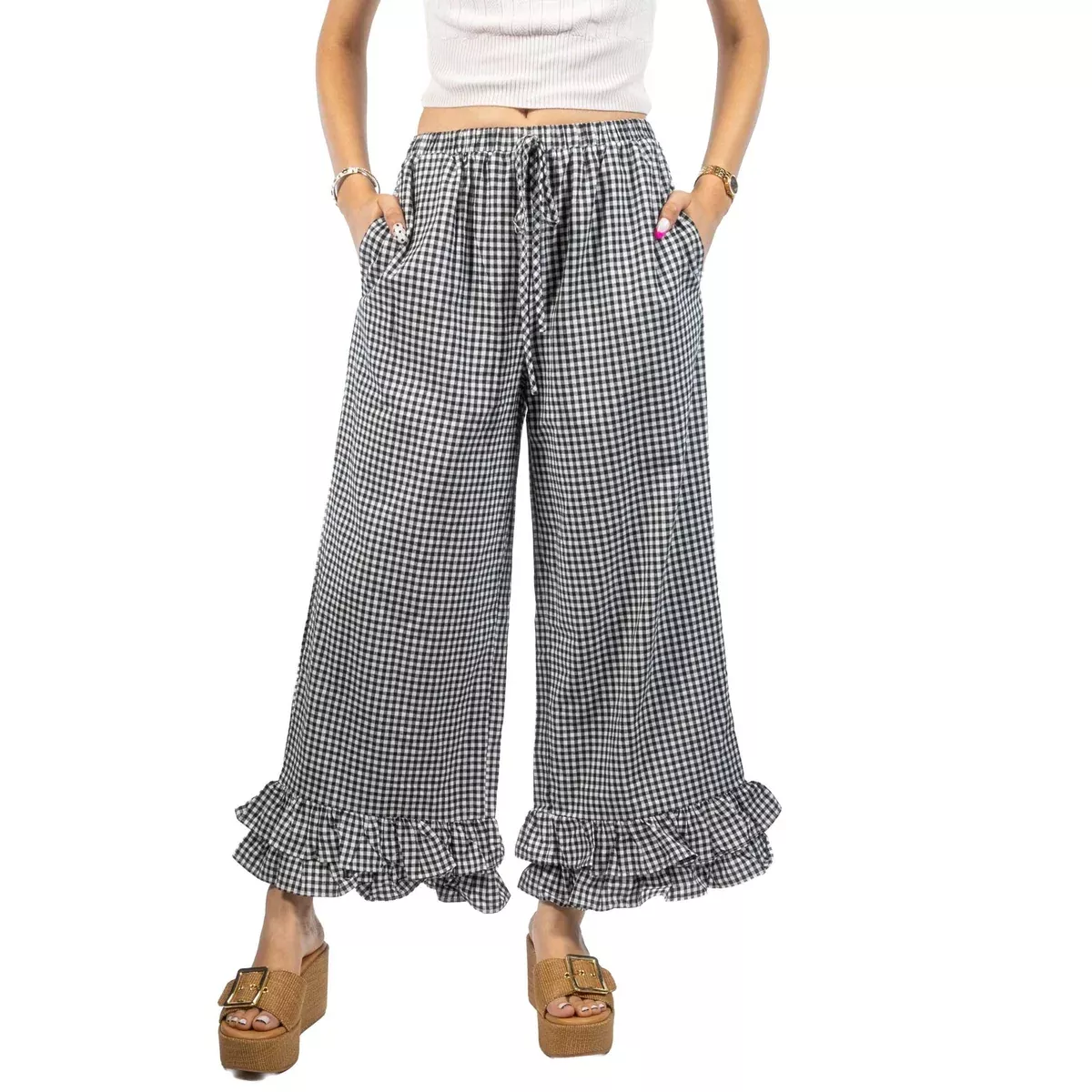 Gingham Ruffled Hem Cropped Black Pant