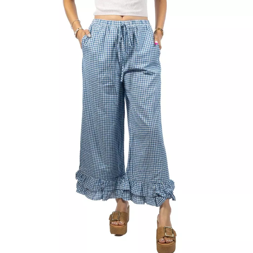 Gingham Ruffled Hem Cropped Blue Pant