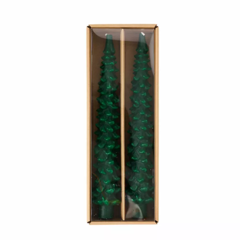 Green Christmas Tree Taper Candle Set