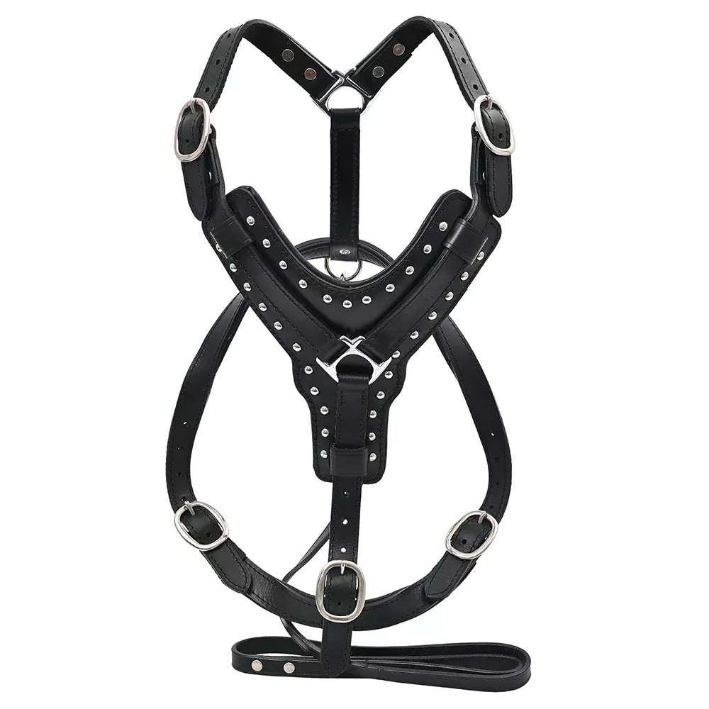 HILASON Genuine Leather Dog Harness Padded Matching Leash Black