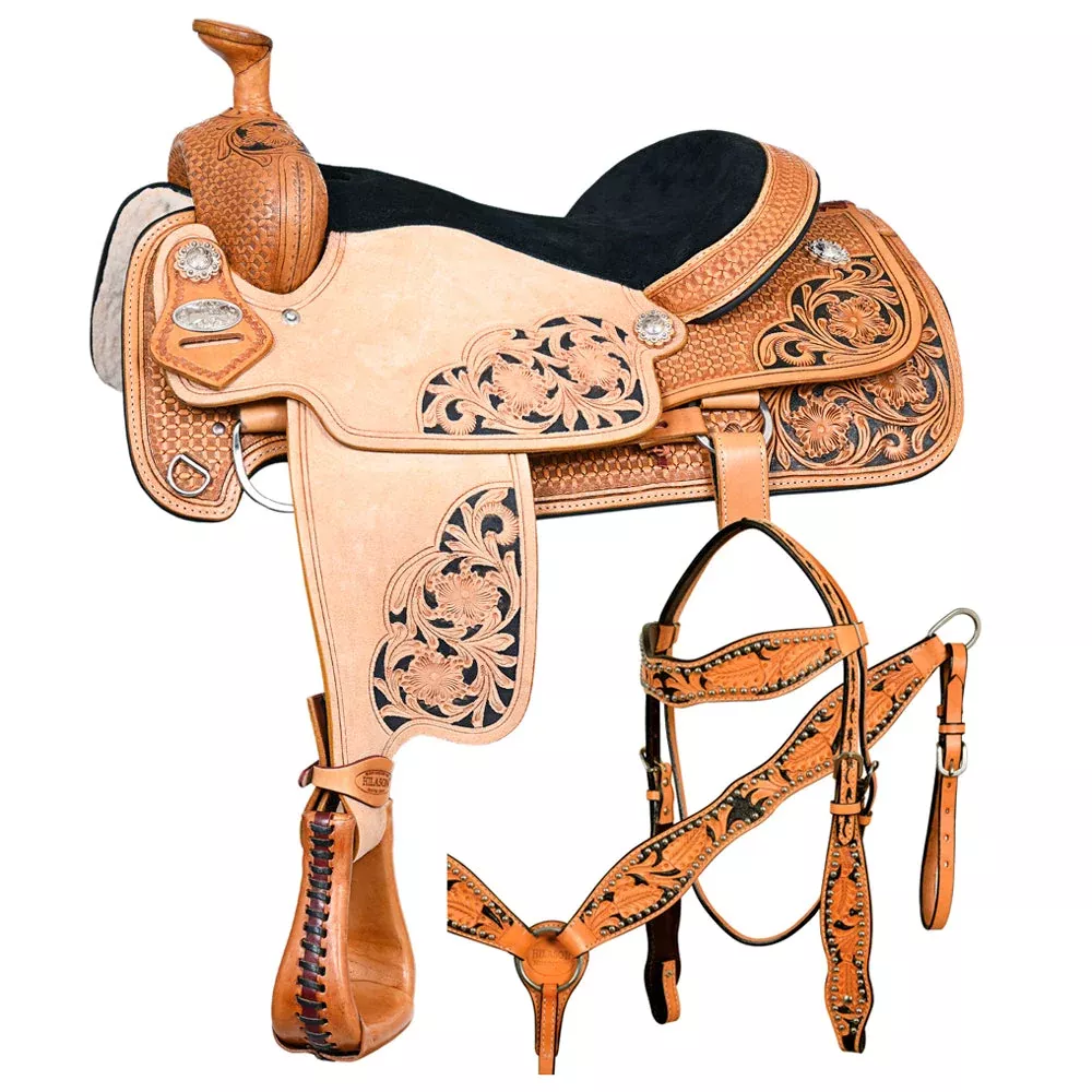 HILASON Horse Ranch Roping Roper American Leather Saddle Tan With Tack Set