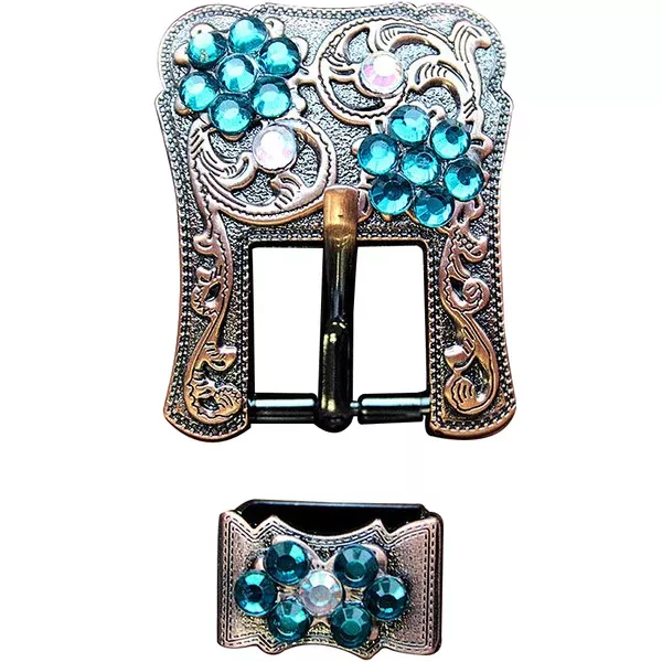 Hilason Screw Back Concho Emerald & AB Crystal Floral Copper Buckle Set3/4 Inch