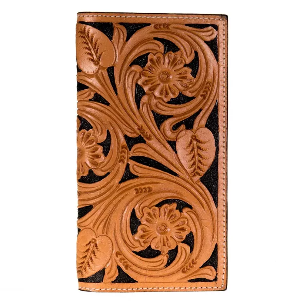 HILASON Western Hand-Tooled Natural Leather Floral Bifold Wallet Black Contrast