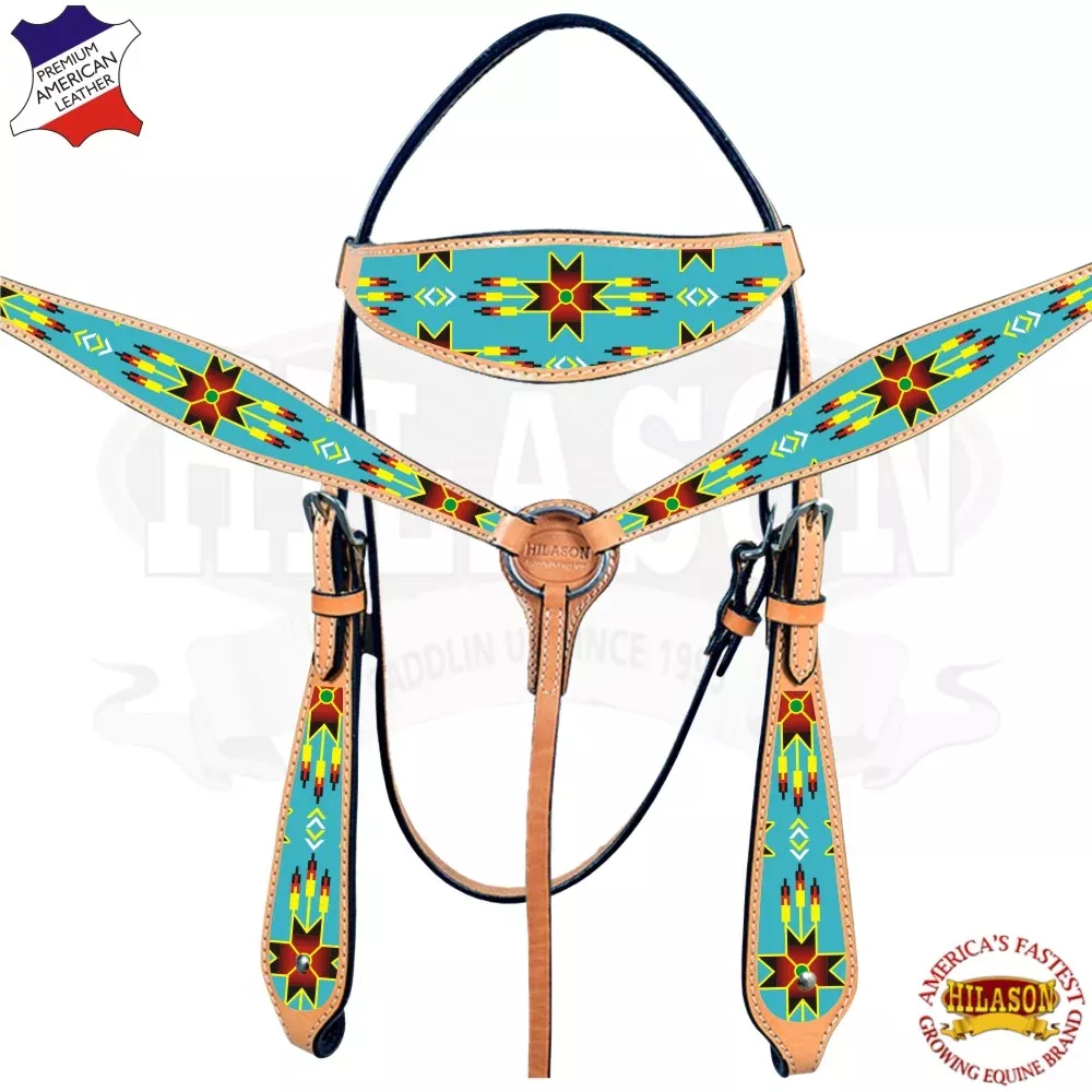 HILASON Western Horse Headstall Breast Collar Set American Leather Beaded Closer | Tack for Horses
