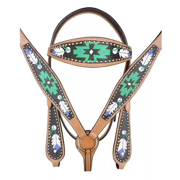 HILASON Western Horse Leather Headstall and Breast Collar Tack Set Geometry Feather