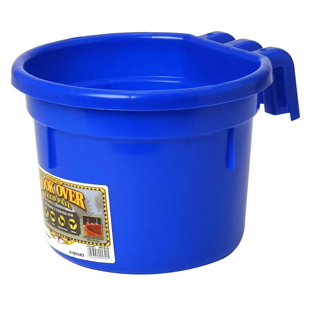 Hook Over Feed Pail 8 Quart Blue Bucket with Dual-Purpose Bracket
