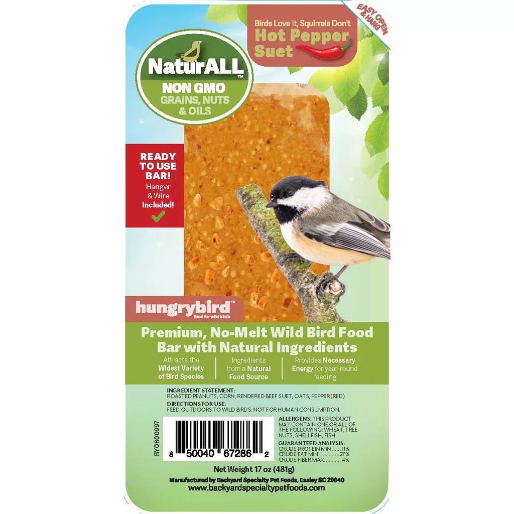 HungryBird Natural Non-GMO Suet Bar, Hot Pepper, 17 oz