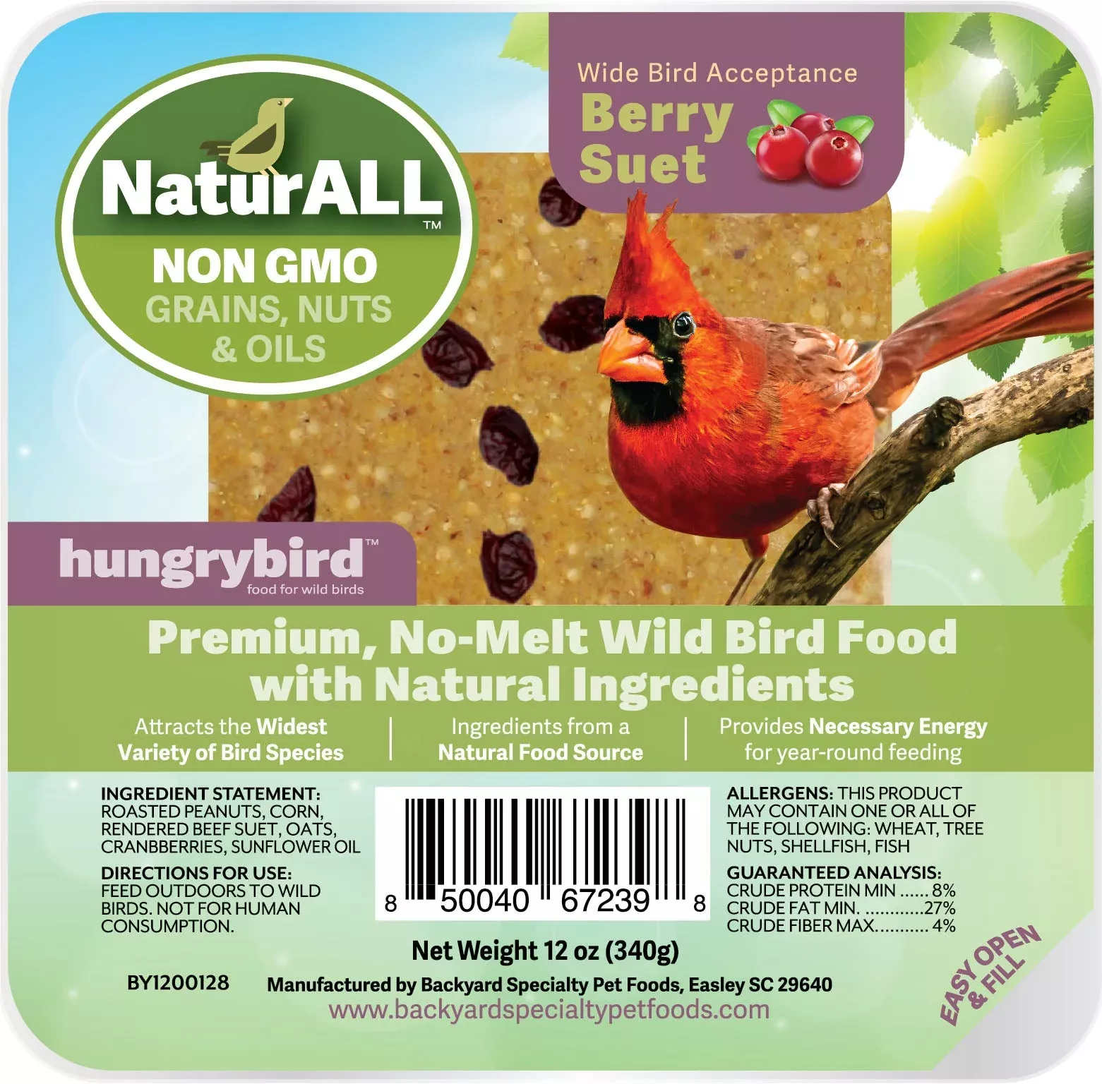 HungryBird Natural Non-GMO Suet Cake 12 oz, Berry