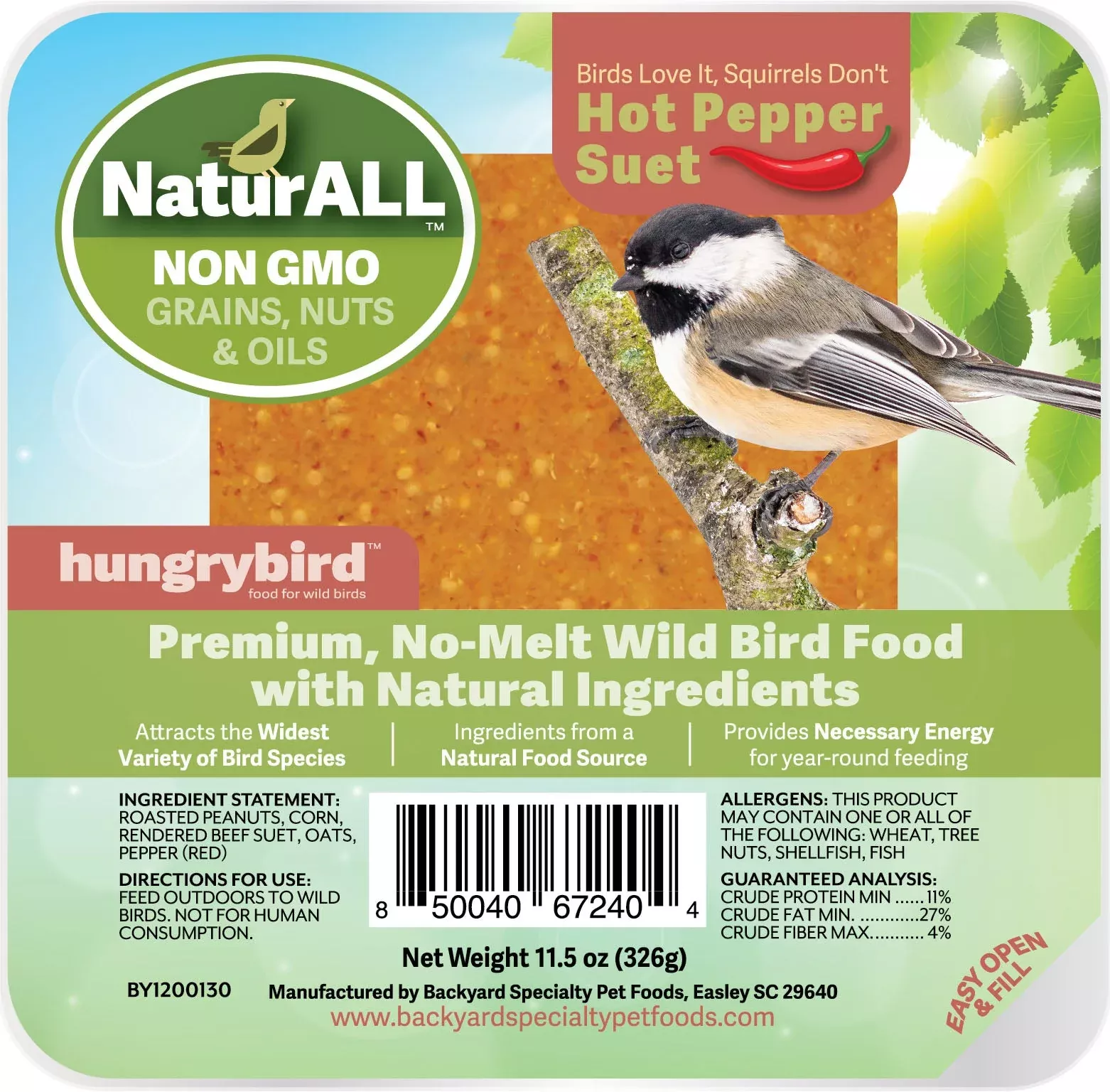 HungryBird Natural Non-GMO Suet Cake Hot Pepper 11.5 oz