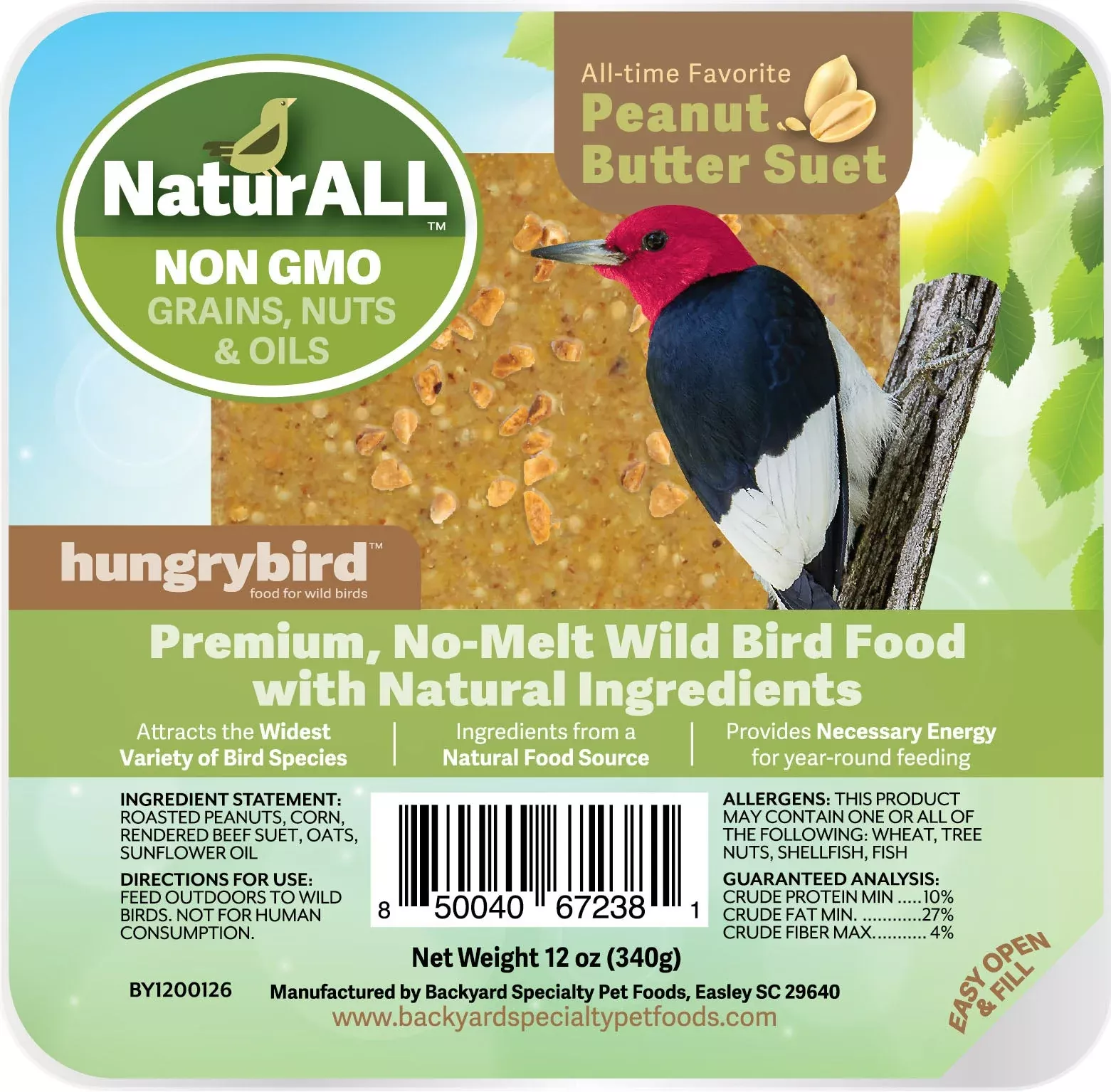 HungryBird Natural Non-GMO Suet Cake, Peanut Butter, 12 oz