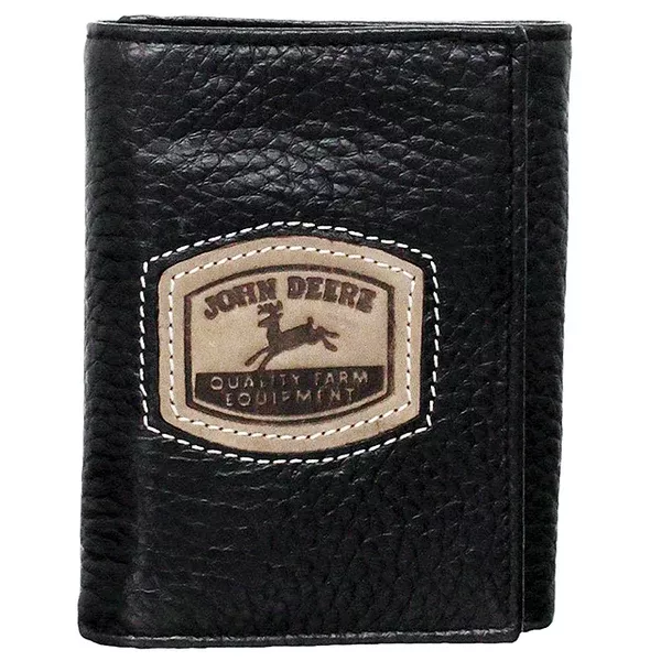 John Deere Pebble Leather Tri Fold Wallet W/ Historical Embossed Logo Black