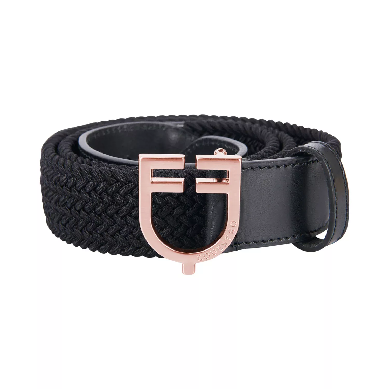 Leather Elastic Belt with Rosegold Logoed Buckle - Black
