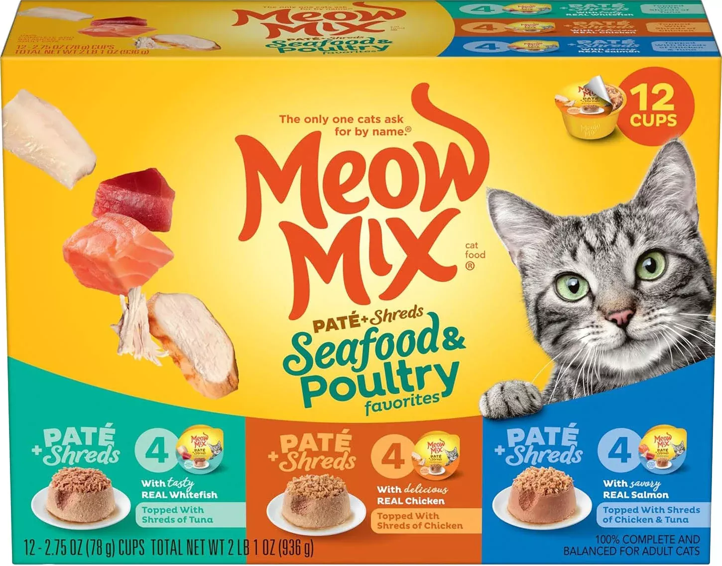 Meow Mix Pate & Shreds Seafood/Poultry Variety Pack, 12-Pack