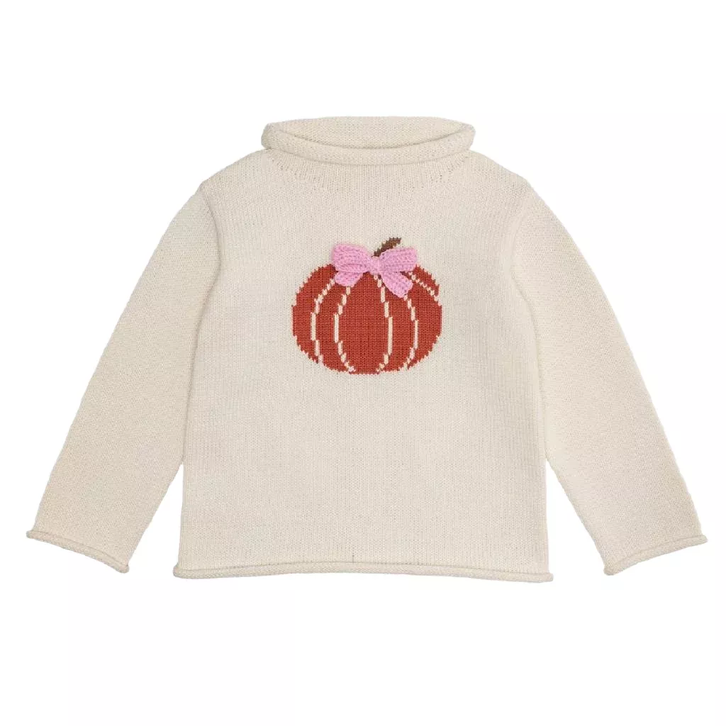 Mud Pie Toddler Girl's Bow Pumpkin Rolled Neck Sweater