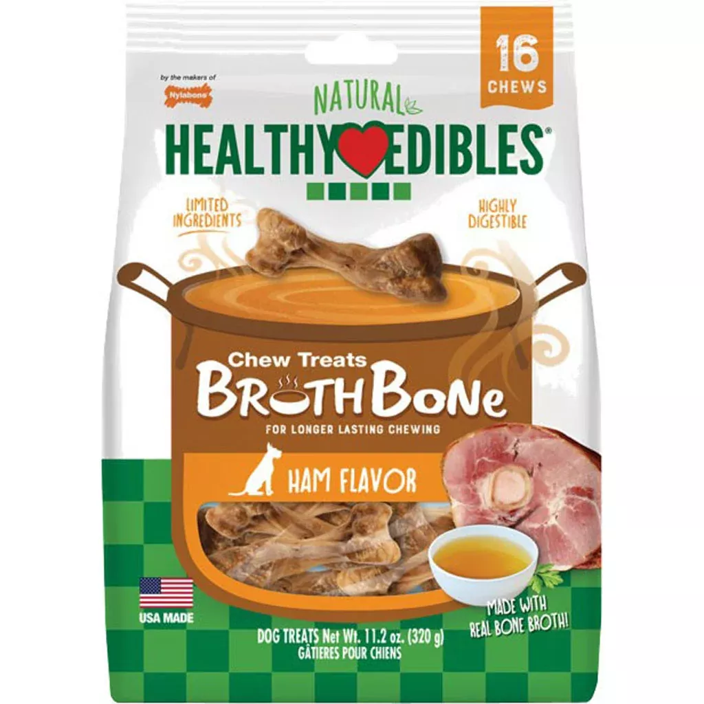 Nylabone Healthy Edibles Broth Bone Natural Chews, Ham, Small (16 Pack)