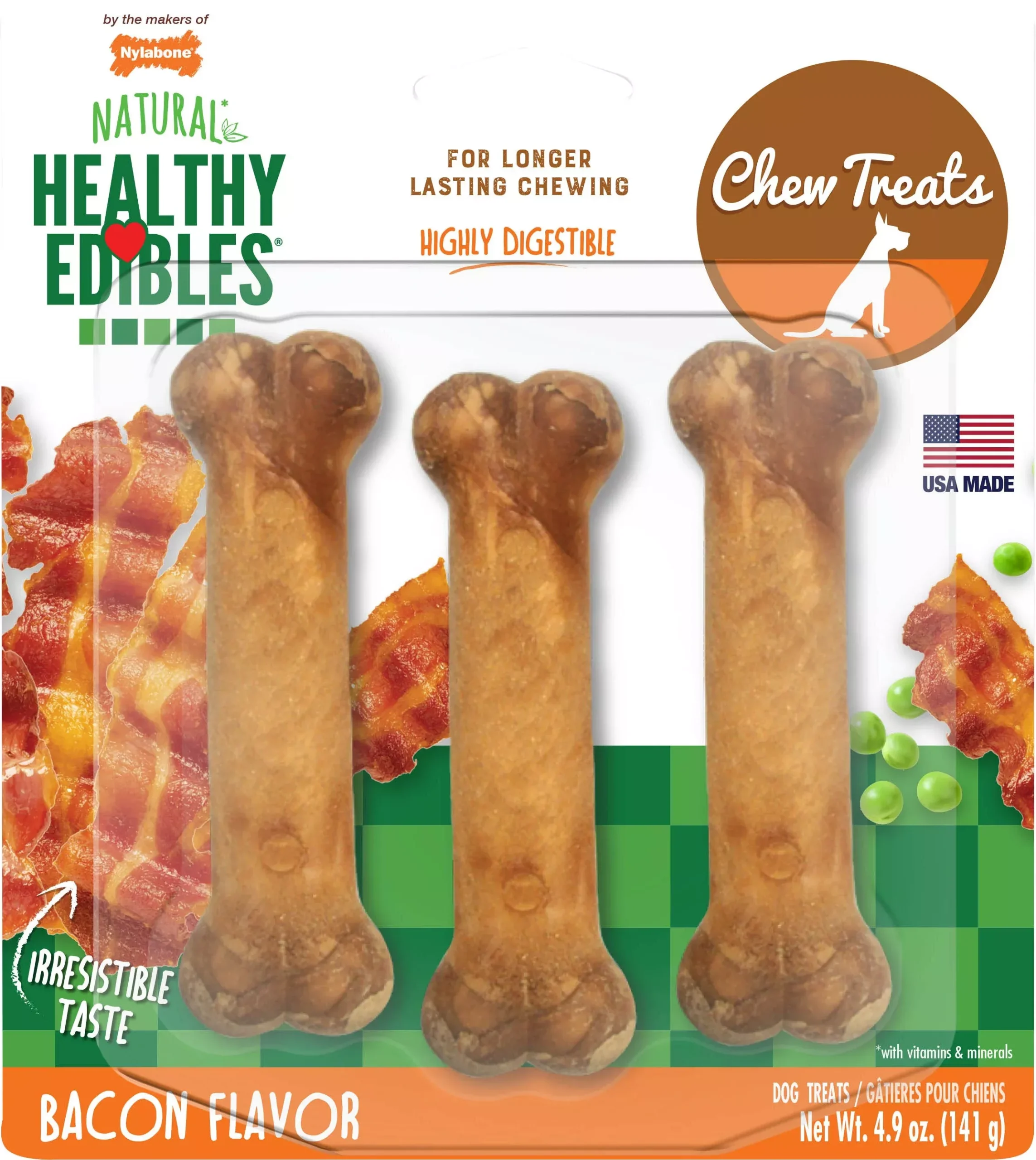 Nylabone Healthy Edibles Natural Chew, Bacon, Regular, 3 Pack