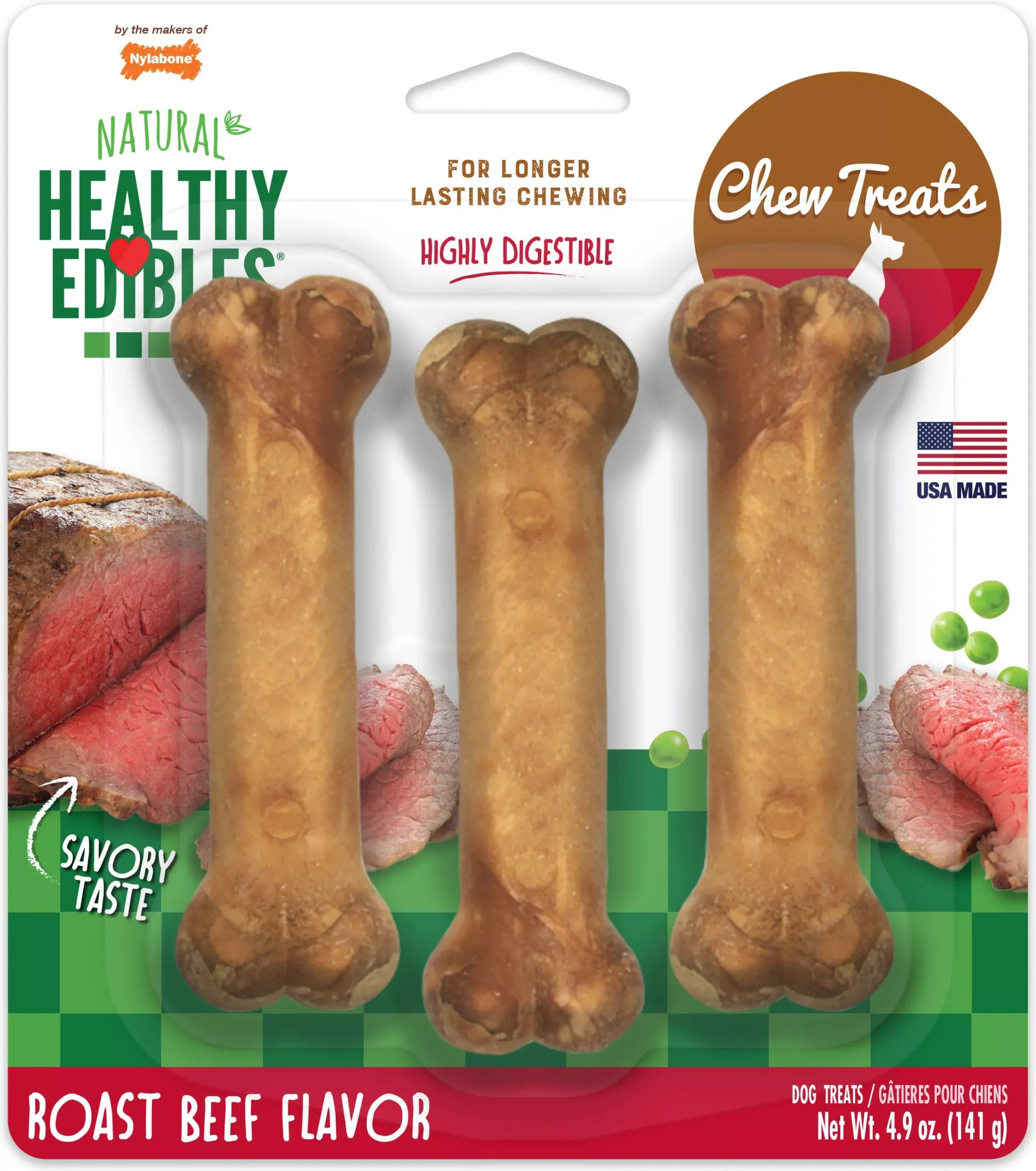 Nylabone Healthy Edibles Natural Chew Roast Beef Regular, 3 Pack