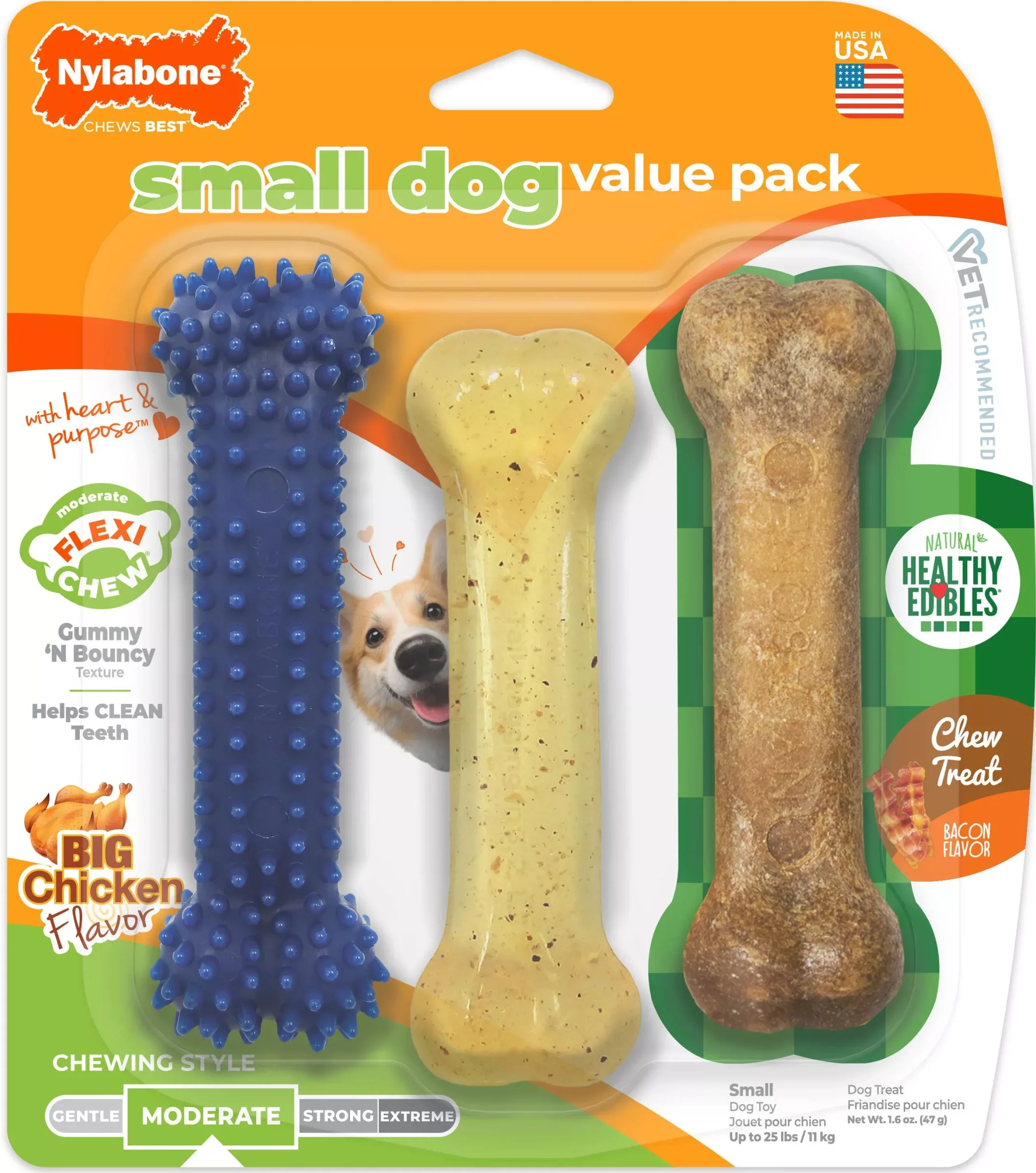 Nylabone Moderate Chew Variety Pack Small 3-Pack Chicken/Bacon