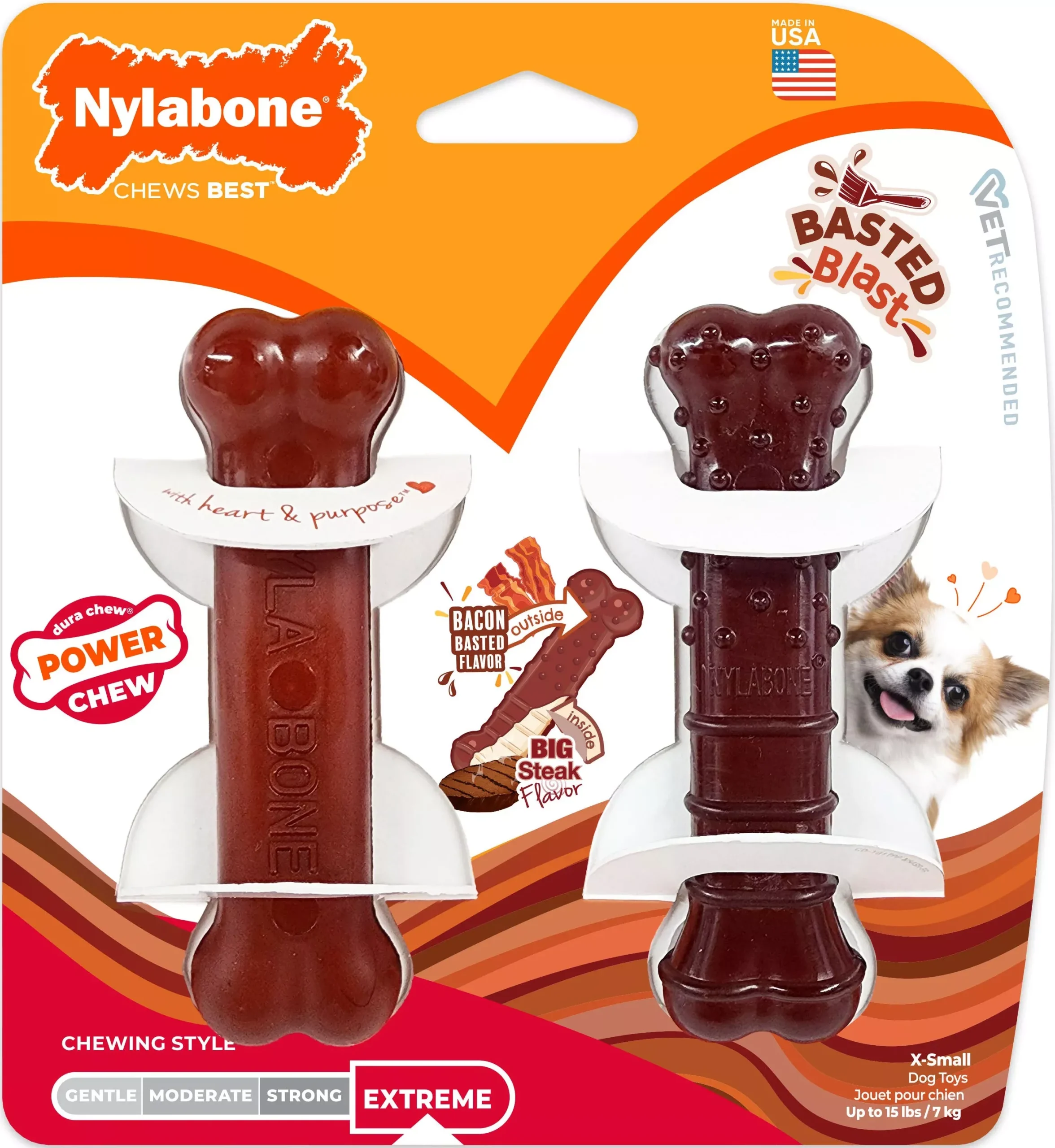 Nylabone Power Chew Basted Blast Bacon/Steak Petite, 2 Pack