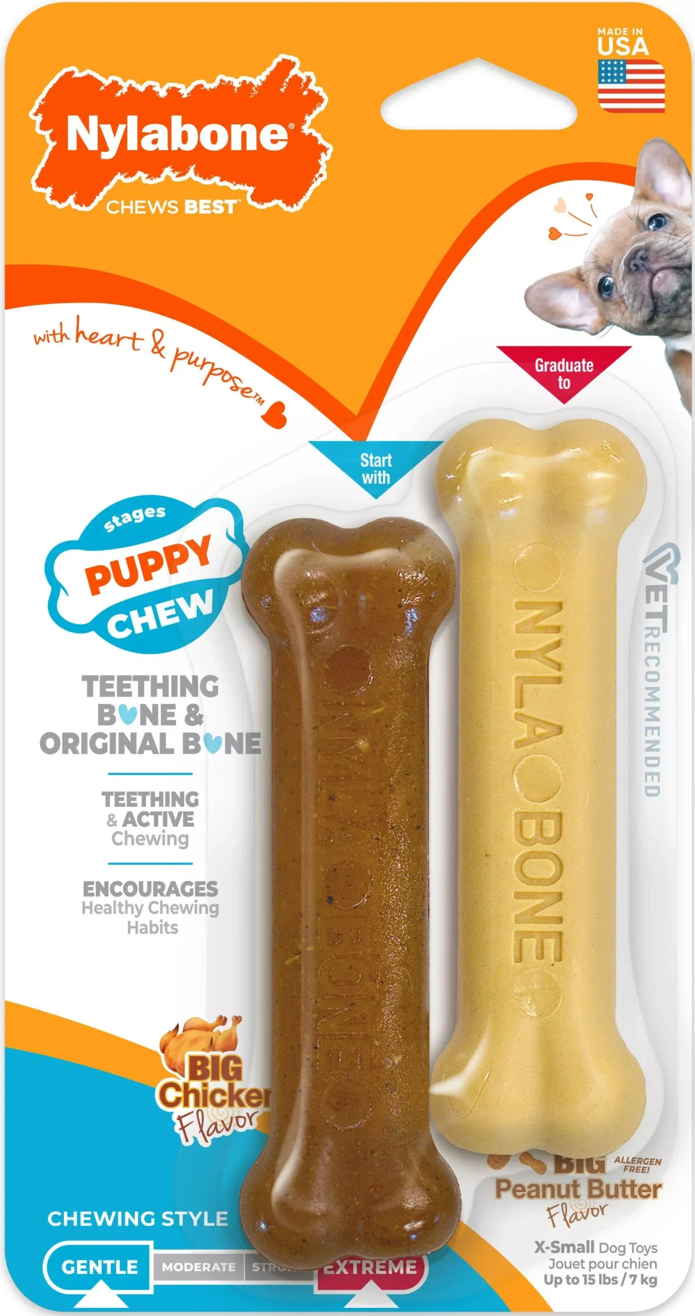 Nylabone Puppy Chew Classic Bone, Chicken & Peanut Butter, Extra Small, 2 Pack