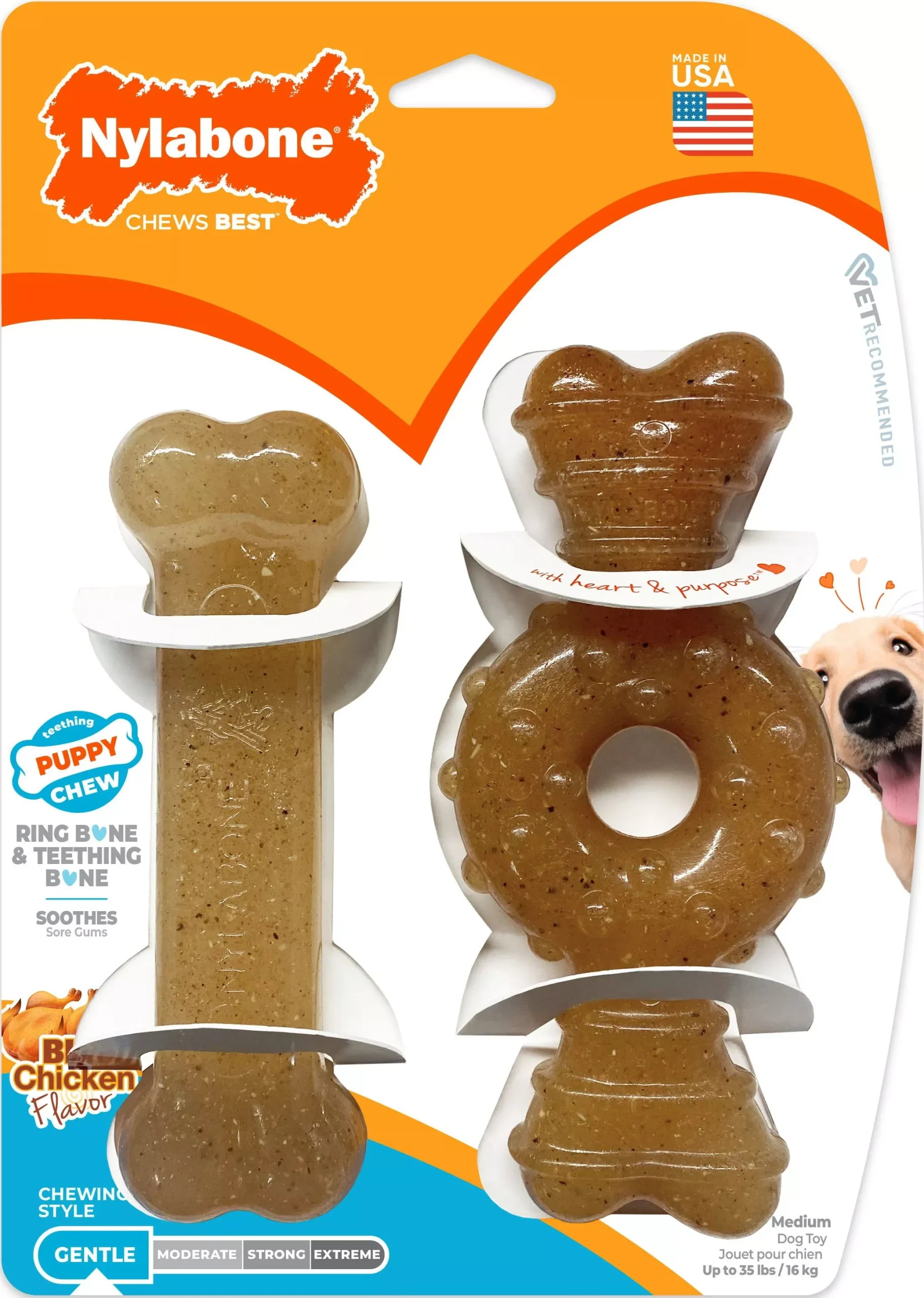 Nylabone Puppy Chew Textured Ring & Bone Chicken Medium (2 Pack)