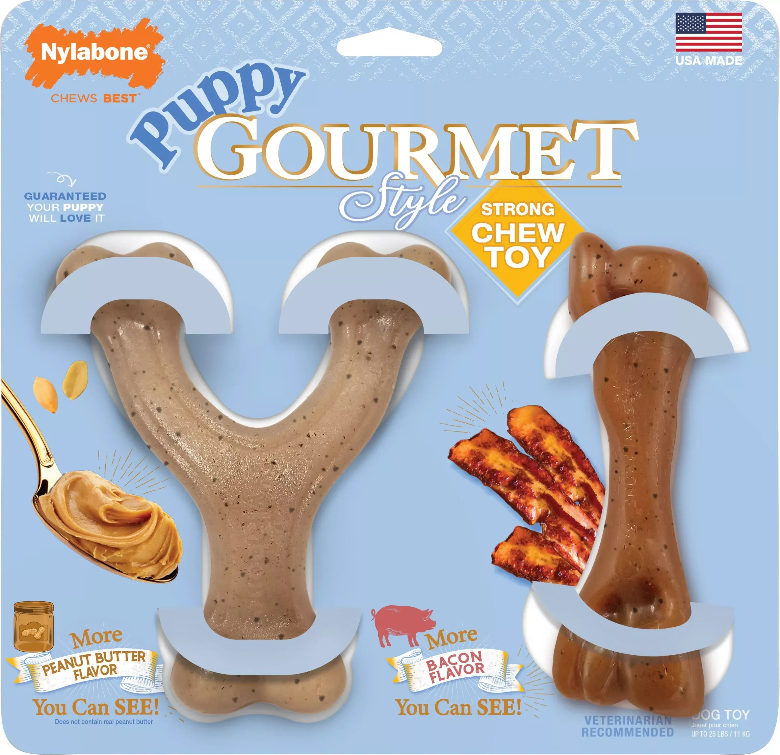 Nylabone Puppy Gourmet Style Strong Chew Bundle, Bacon & Peanut Butter 2-Pack