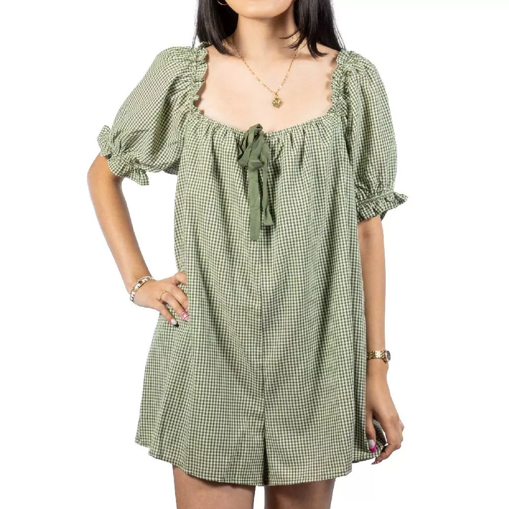 Olive Green Gingham Romper