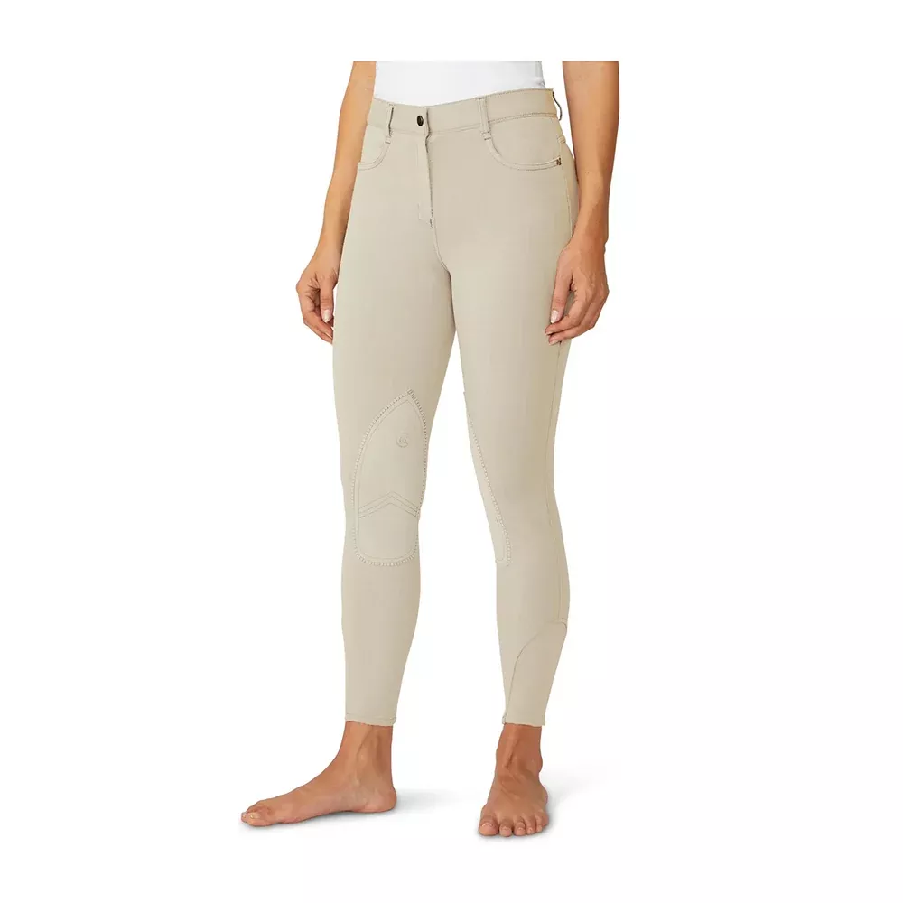 Ovation Ladies' SoftFlex Knee Patch Breeches Tan Mid-Rise UPF 30 Syn-Tech Suede