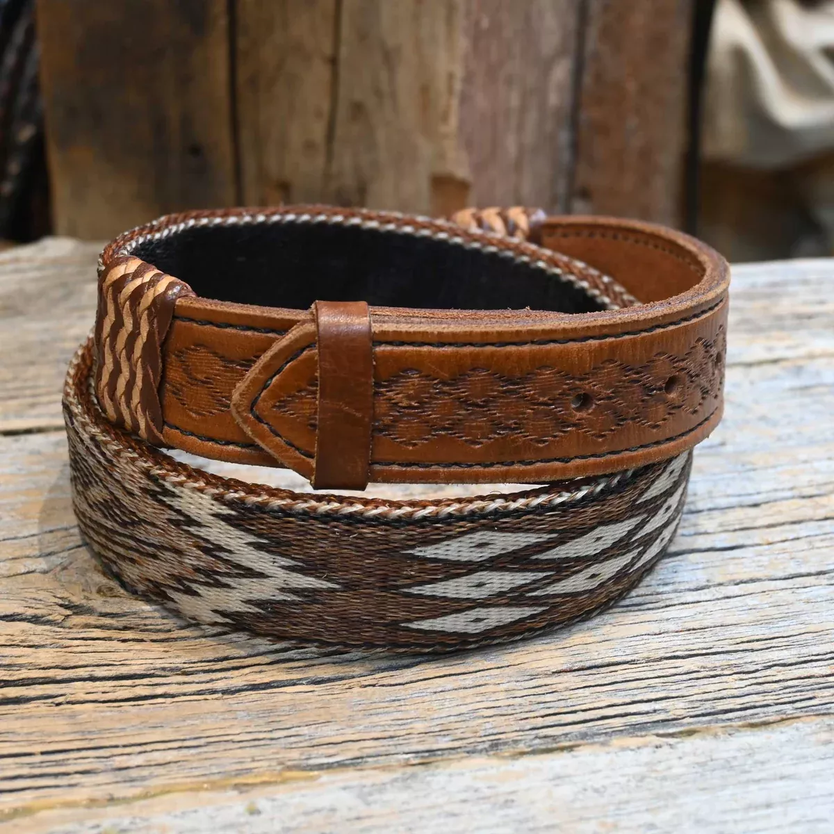 Prison Made 30" Hitched Horse Hair & Tooled Belt