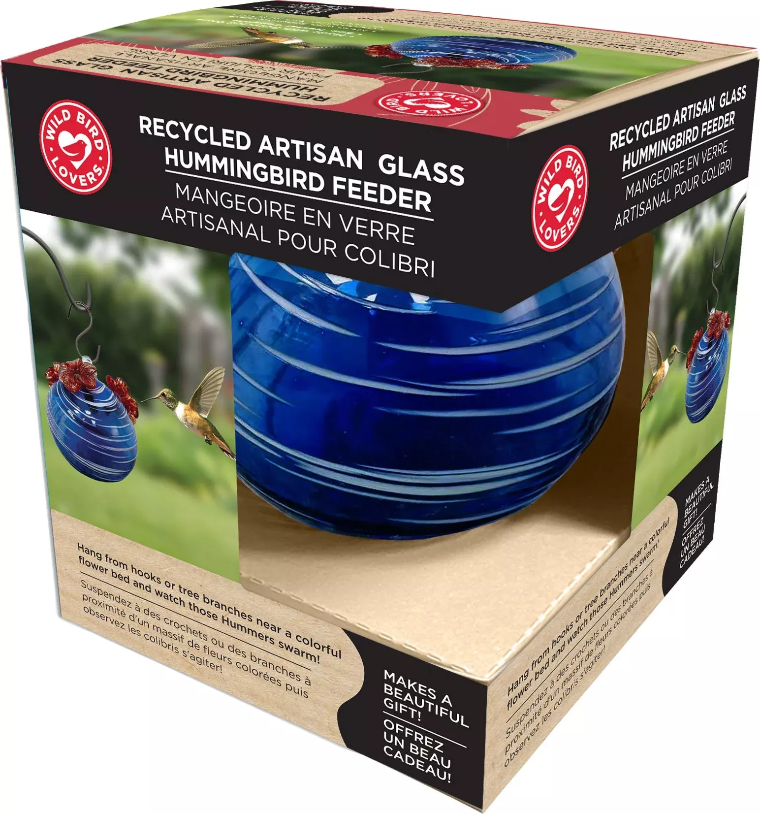 Recycled Artisan Glass Hummingbird Feeder, 8 oz, Assorted