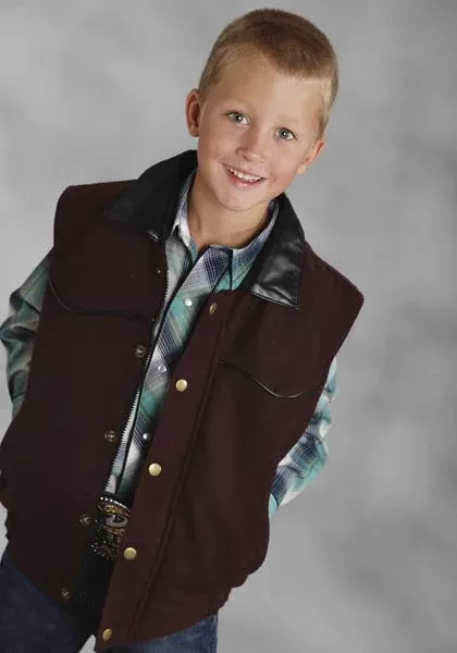 Roper Boys Faux Leather Accent Wool Vest - Brown