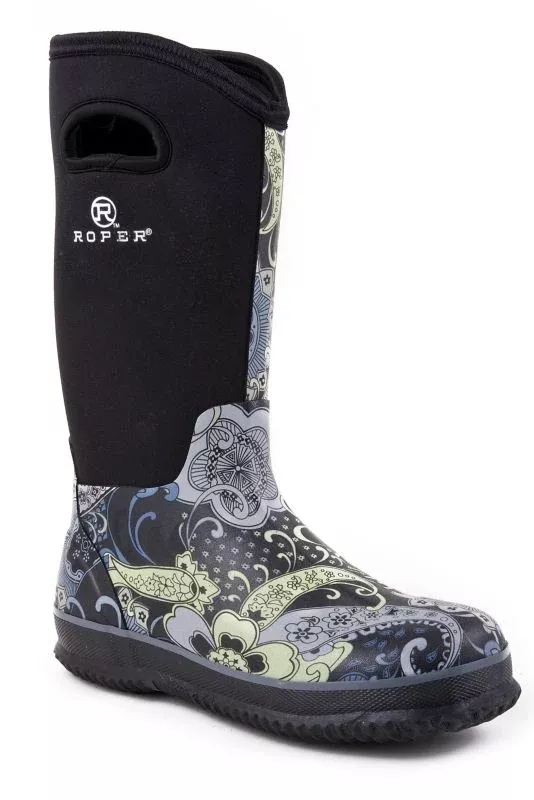 Roper Neoprene Barn Boots - Ladies, Black Paisley