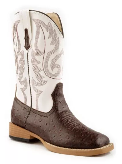 Roper Ostrich Print Square Toe Boots - Kids, Brown