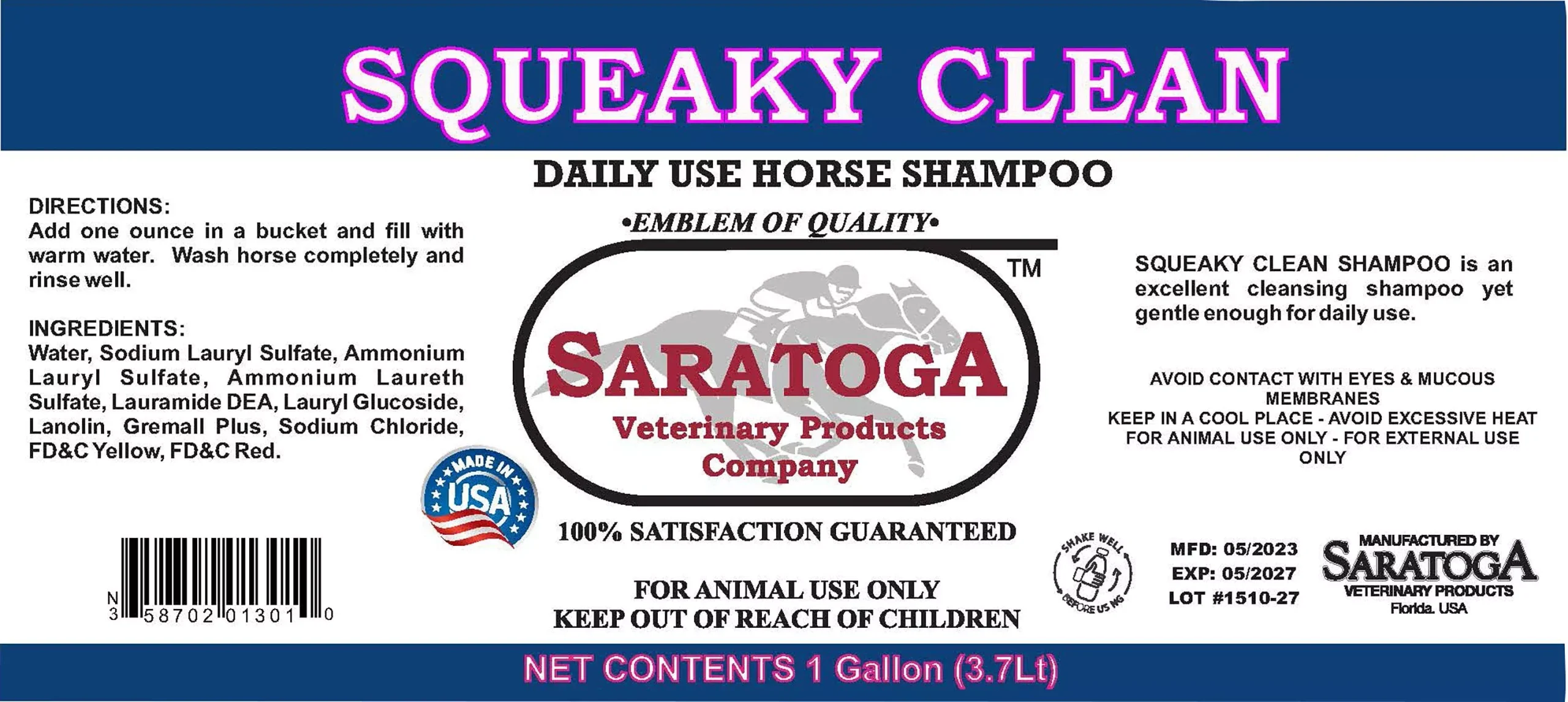 Saratoga Squeaky Clean Horse Shampoo 1 Gallon
