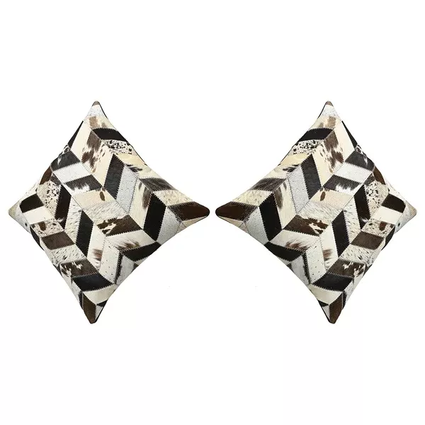 Set Of 2 Cowhide Leather Hair-On Patchwork Cushion Pillow Cover 16 X 16