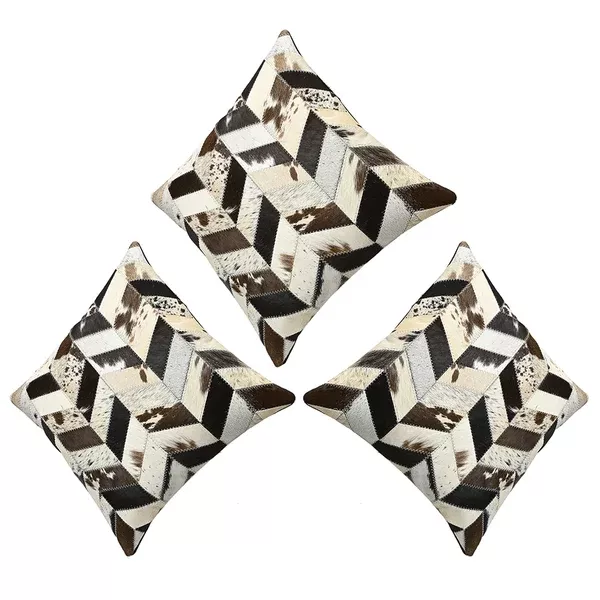 Set Of 3 Cowhide Leather Hair-On Patchwork Cushion Pillow Cover 16 X