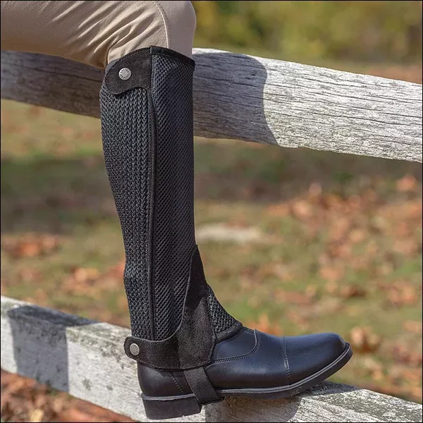 Shires Childrens Mesh Half Chaps Breathable Cooling Fabric Amara Suede Pad Brown