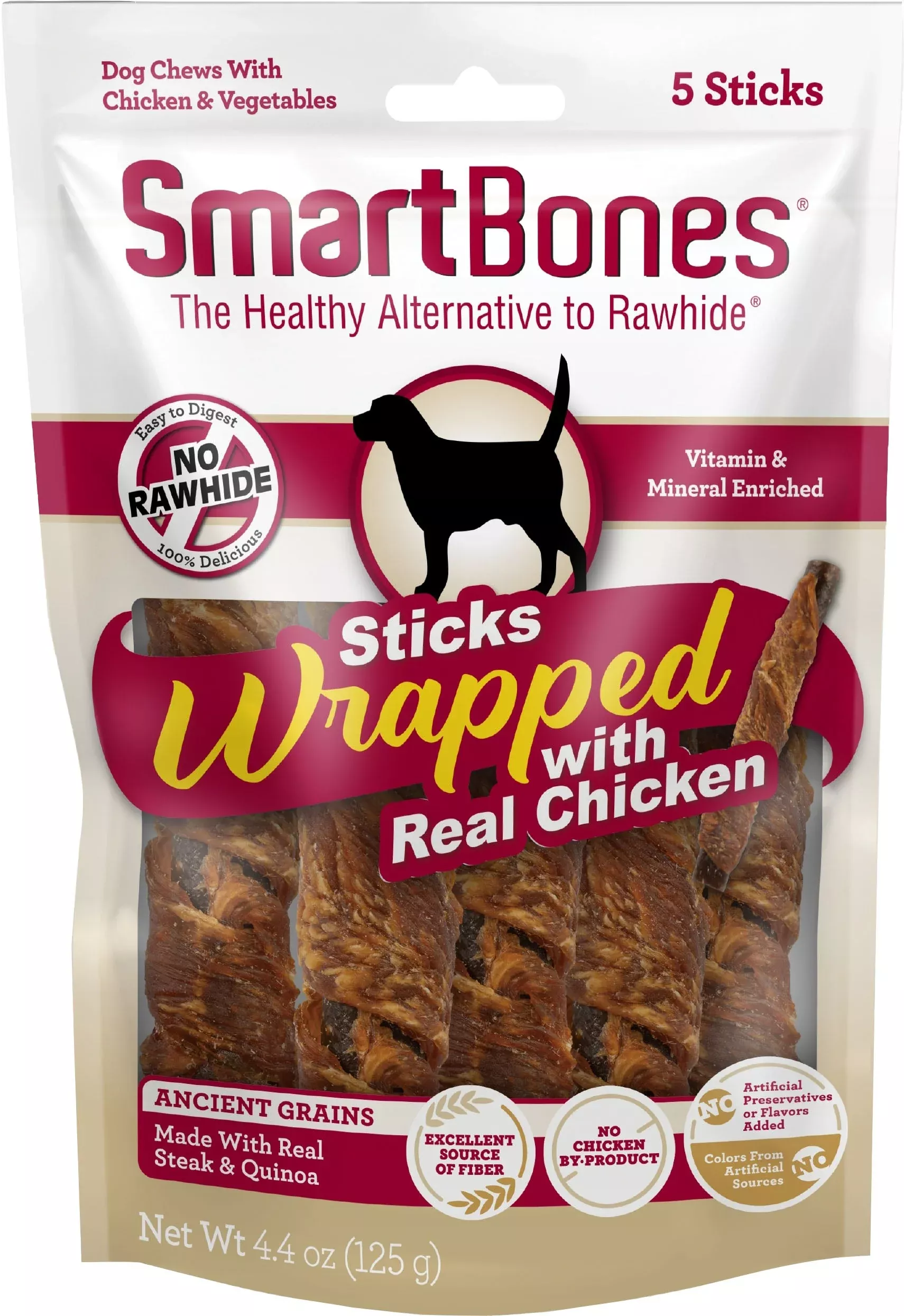 SmartBones Whole Grain Wrapped Sticks Dog Chew, Steak & Quinoa, 5-Count
