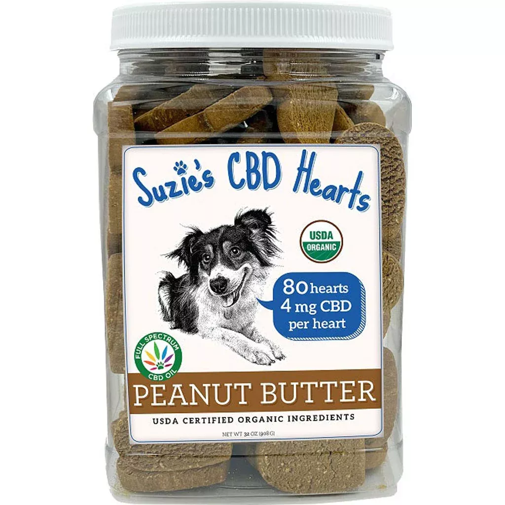Suzie's CBD Hearts for Dogs Bulk Jar, Peanut Butter, 80 Count, 32 oz