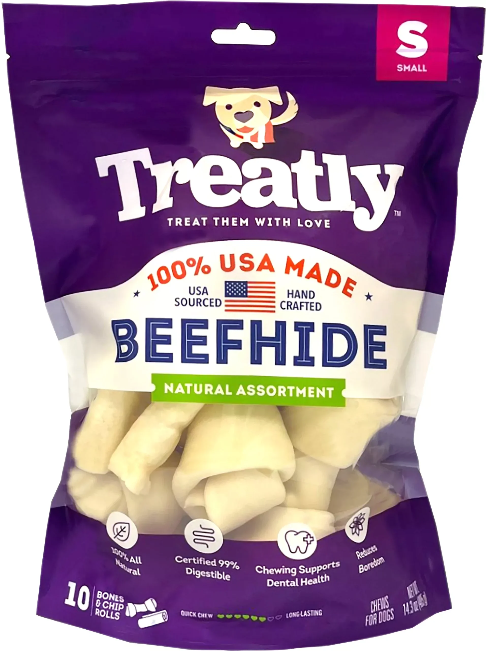 Treatly 100% USA Beefhide Bones & Rolls Natural Small, 10 Pack