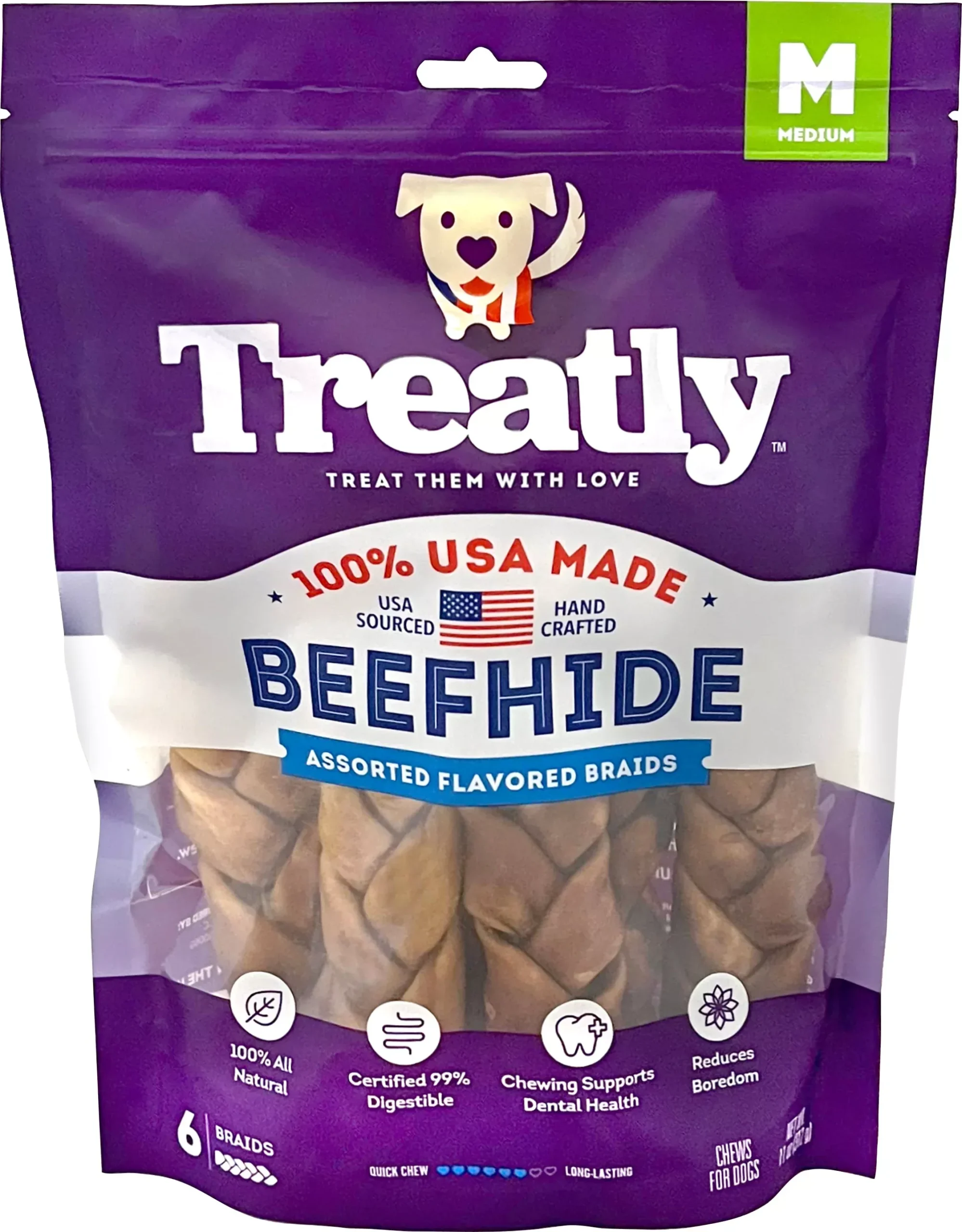 Treatly 100% USA Beefhide Braids, Chicken/Beef, 7 in, 6 Pack