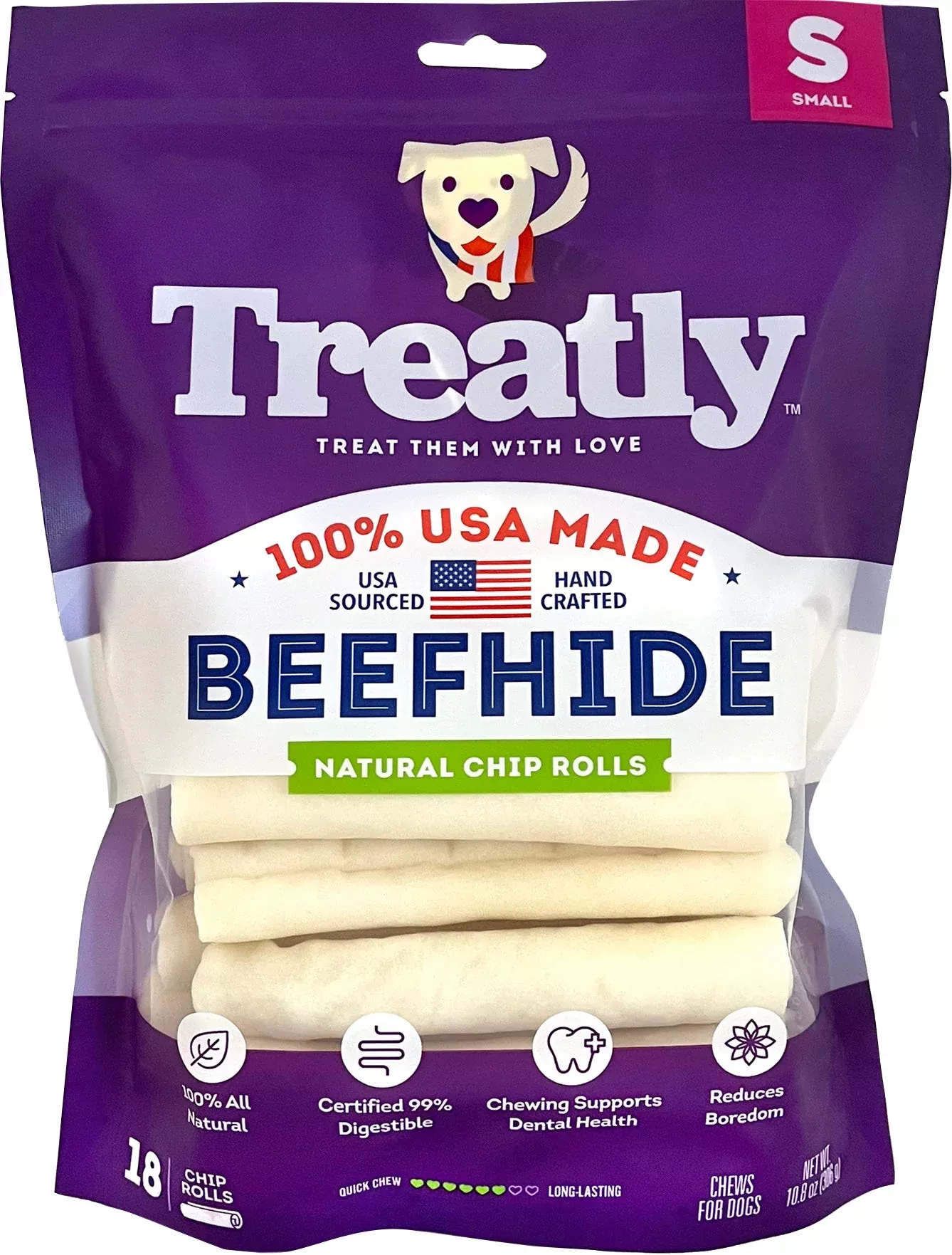 Treatly 100% USA Beefhide Chip Rolls Natural 5 in 18 Pack
