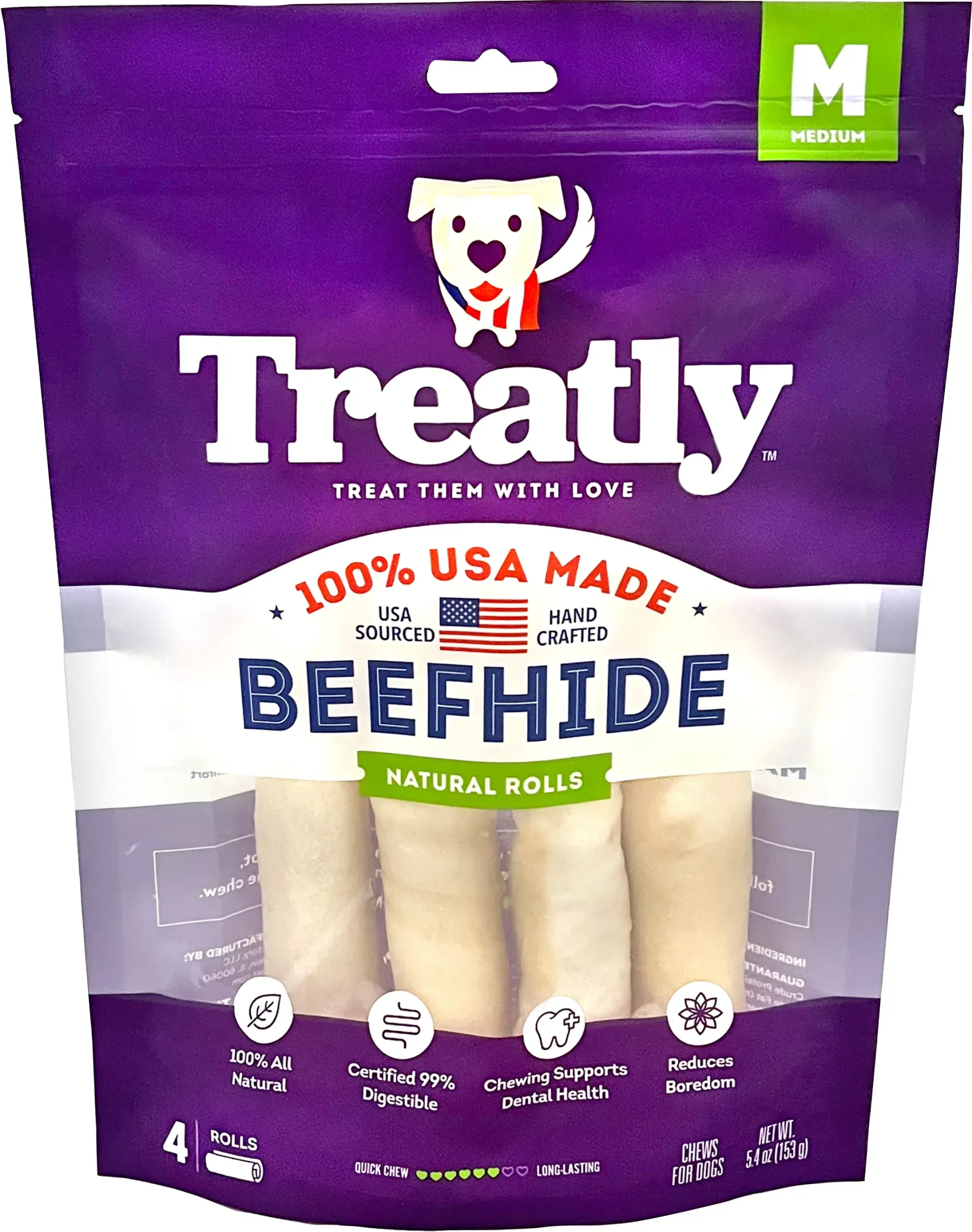 Treatly 100% USA Beefhide Rolls, Natural, 6 in, 4 Pack
