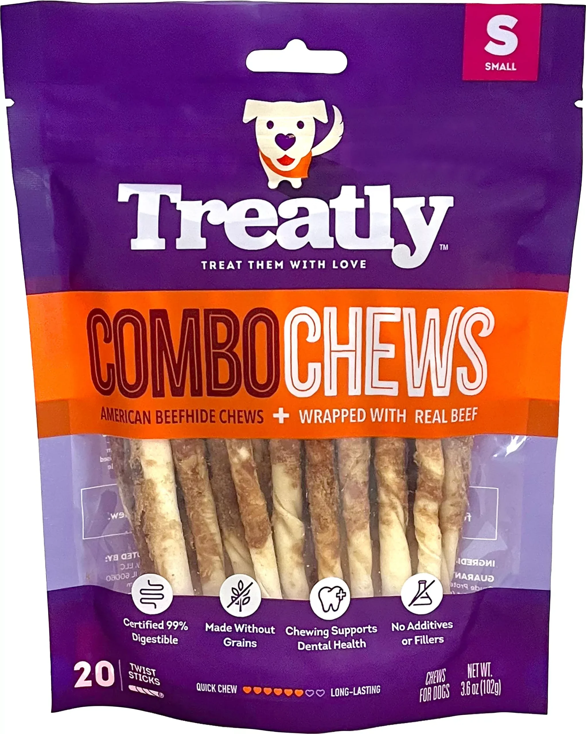 Treatly Beefhide Combo Twist Sticks with Meat, Beef, Small, 20 Pack