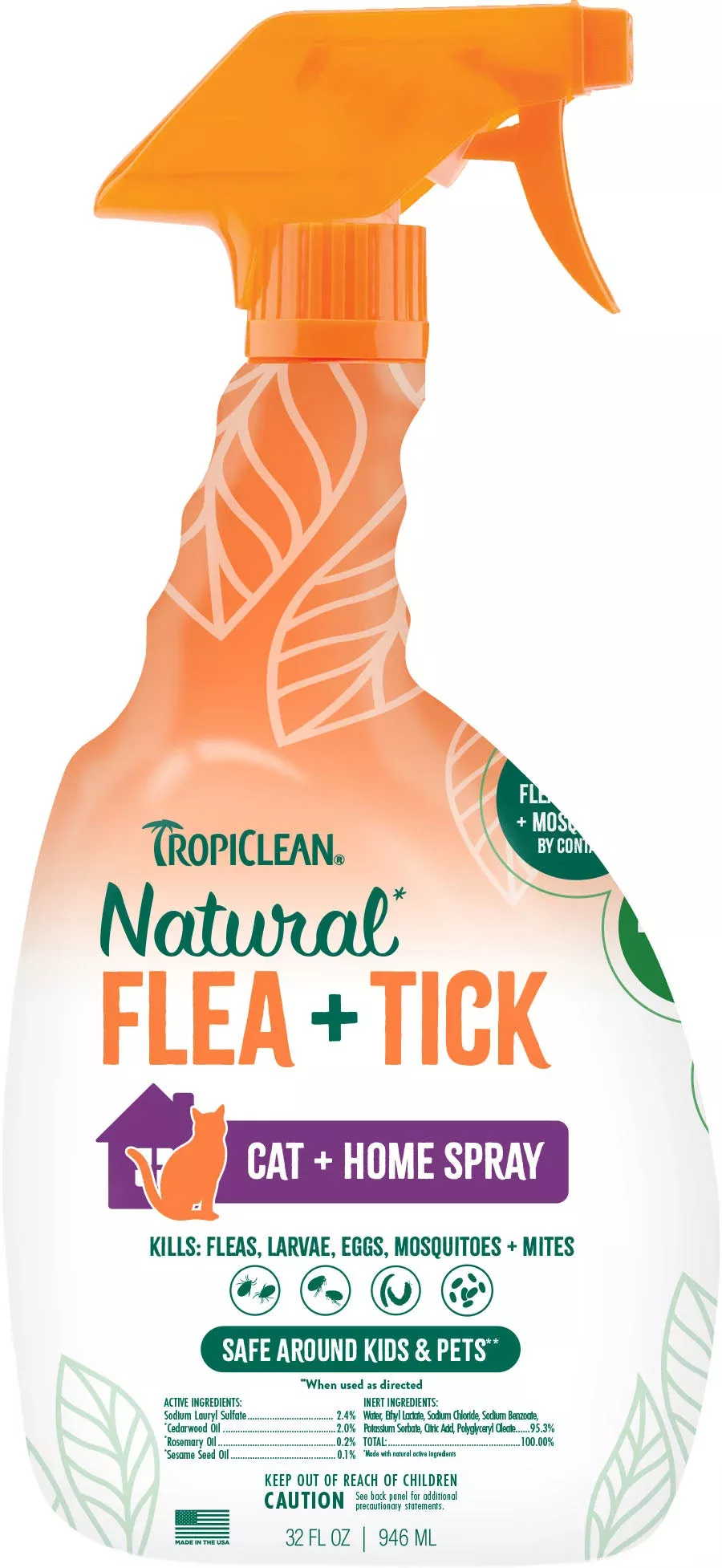 TropiClean Natural Flea & Tick Home & Cat Spray, 32 oz