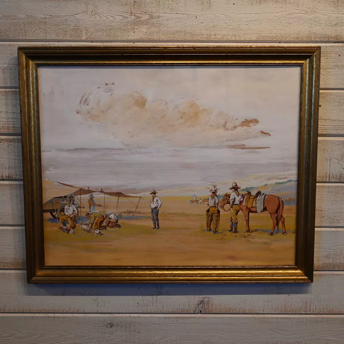 Unsigned Gouache 1920's Cowboy Camp Scene Painting