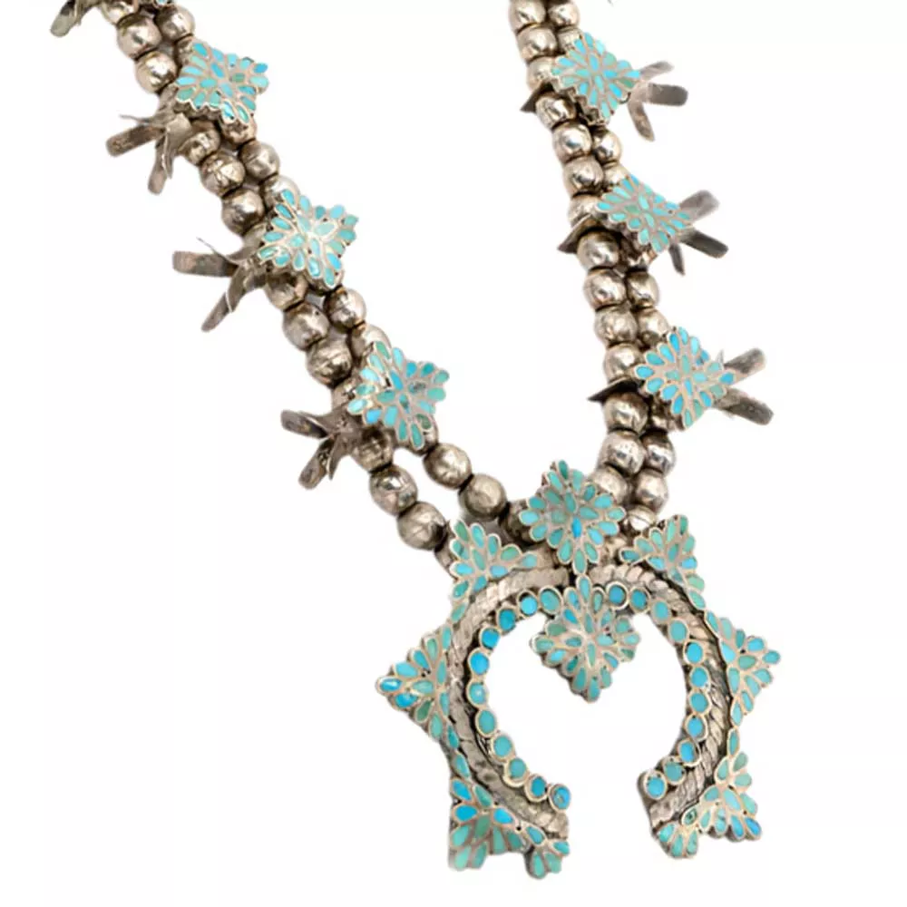 Vintage Dishta Turquoise Inlay Squash Blossom Necklace
